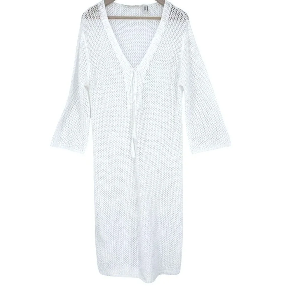 Green Label White Crochet Knit Tie Tassel Swim Cover Up‎ Dress M Boho